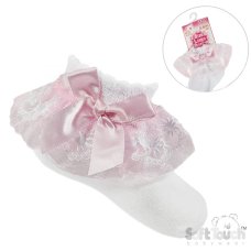 S115-WP: White Lace Socks w/Pink Flower Trim & Bow (NB-18 Months)